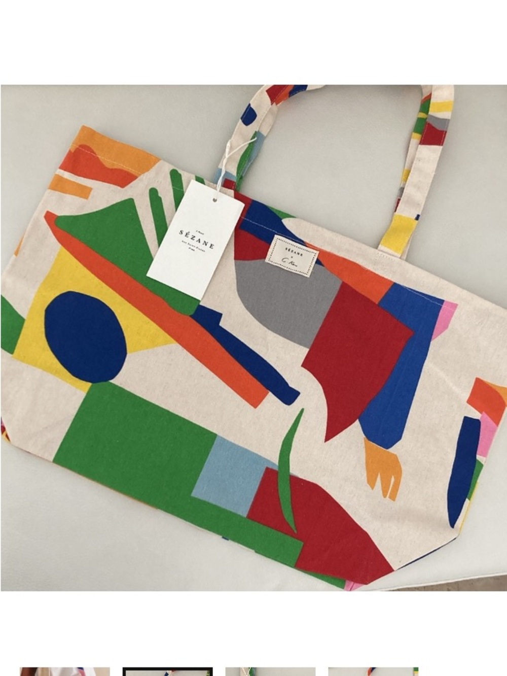 Sezane Multicolor Abstract Canvas Tote in Yellow, Blue, Green, Pink, Orange - Picture 3 of 3